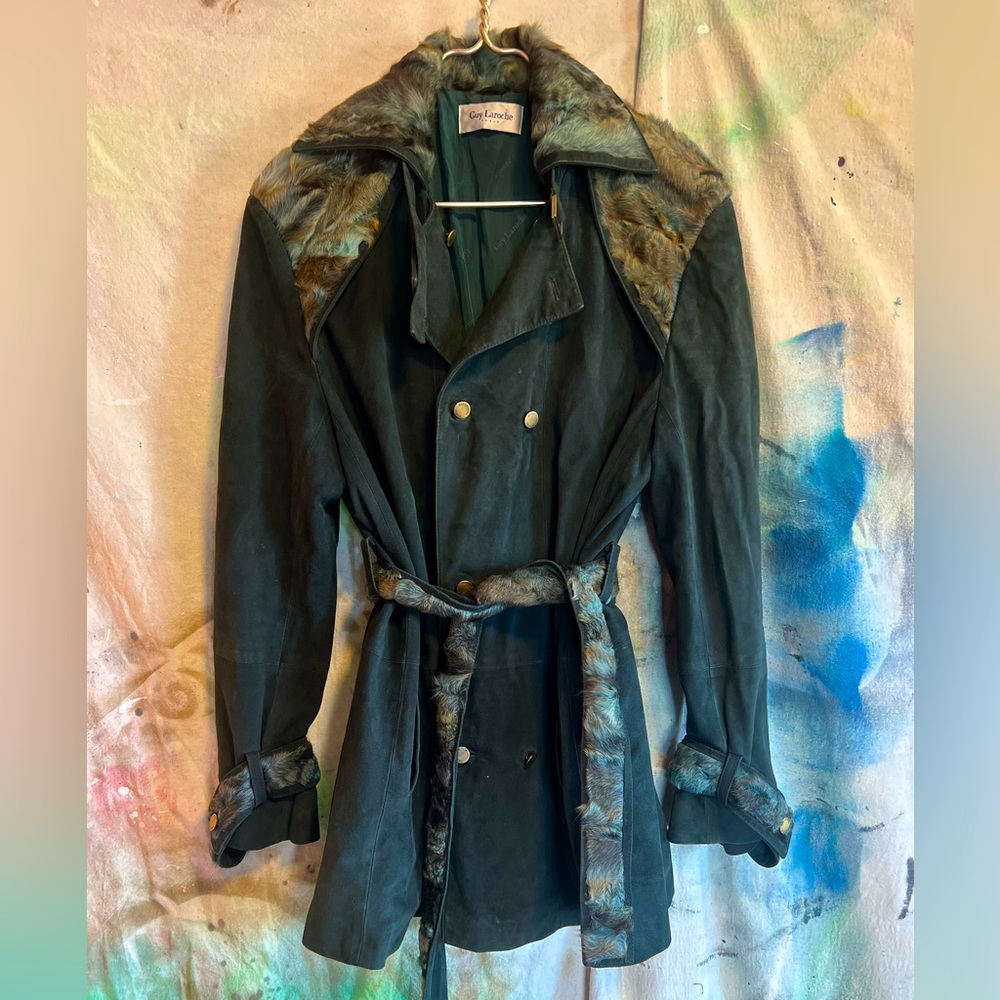 Guy LaRoche Green Leather, Silk and Fur Coat